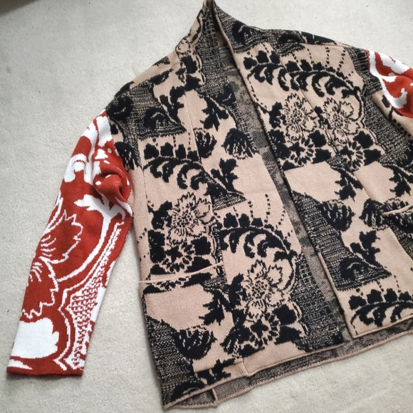 Anthropologie Lola cocoon cardigan sweater contrast print  XS/S black beige rust - Picture 7 of 16